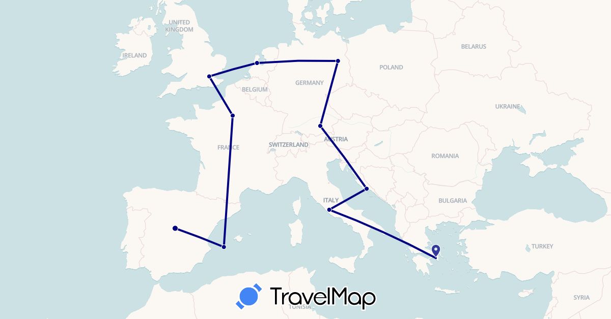 TravelMap itinerary: driving in Germany, Spain, France, United Kingdom, Greece, Croatia, Italy, Netherlands (Europe)